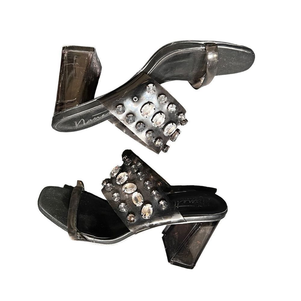 Nanette Lepore Blake Gray Clear Plastic Rhinestone Embellished Slip on Heels 7.5